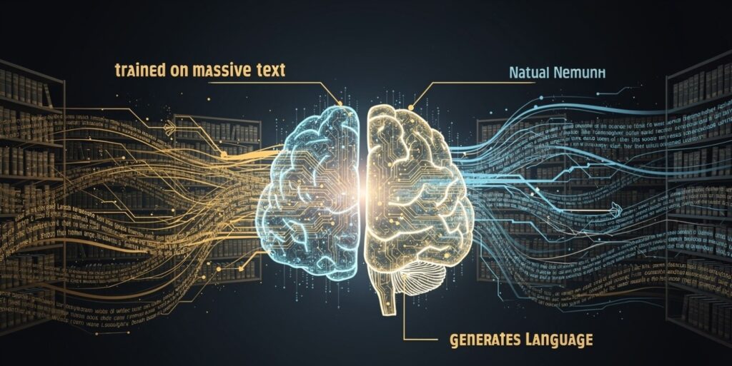 Conceptual illustration of a Large Language Model trained on massive text and generating human-like language output