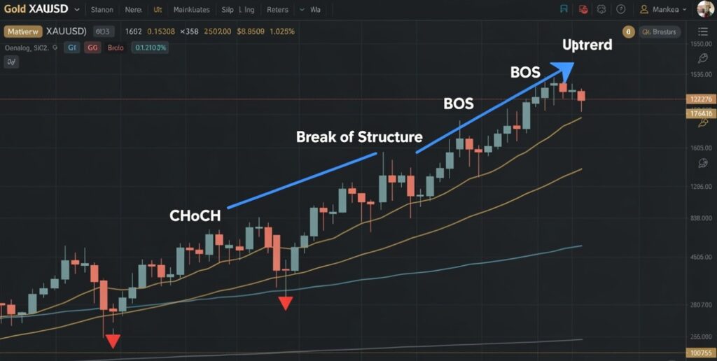  Gold XAUUSD chart showing BOS break of structure for trend continuation and CHoCH change of character for trend reversal clearly labeled