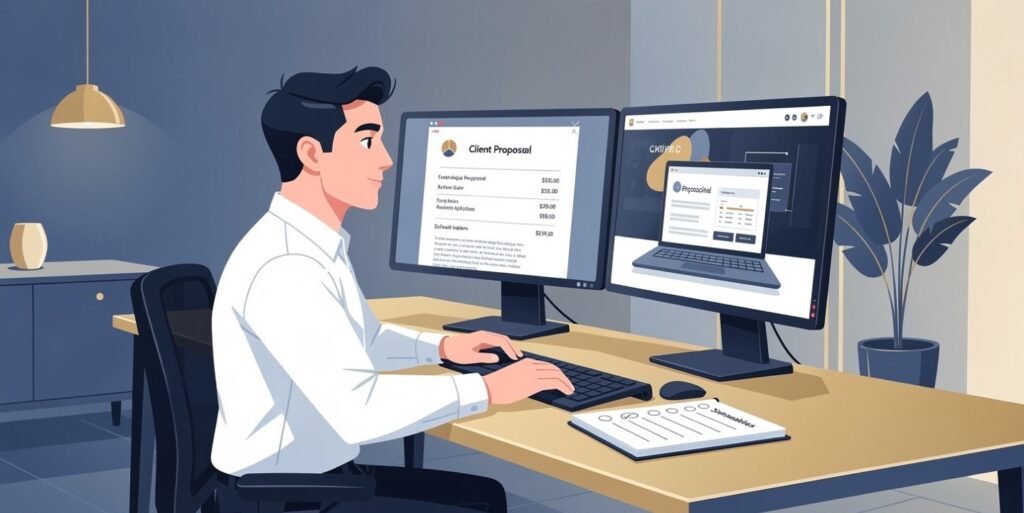  Confident freelance web developer reviewing client proposal and completed website on dual monitors — professional freelance workflow