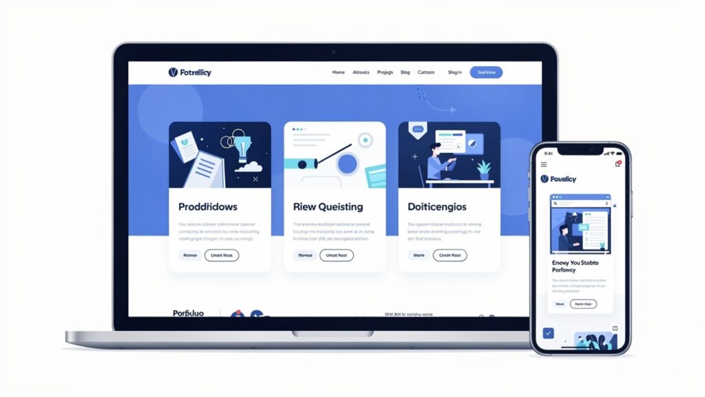 Professional web developer portfolio displayed on laptop with project cards and mobile responsive preview — freelance portfolio best practices