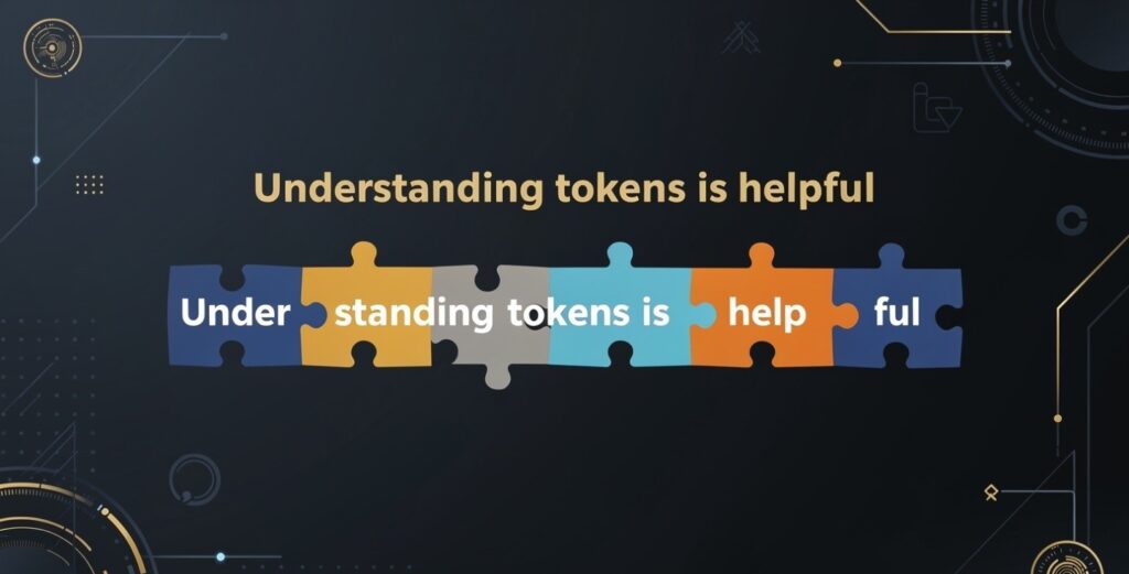 Infographic showing how AI breaks a sentence into tokens — chunks of words rather than whole words