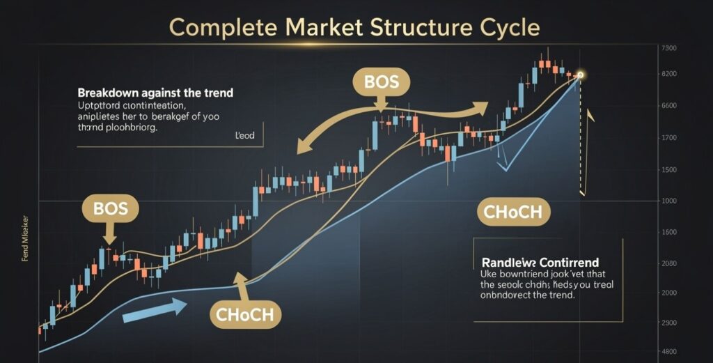 Chart showing full market structure cycle with BOS confirmations in uptrend, CHoCH reversal warning, then BOS confirming new downtrend