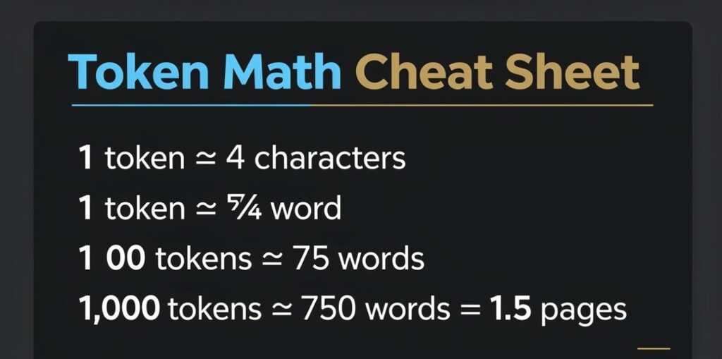 Token math cheat sheet showing 1 token equals about three quarters of a word and 1000 tokens equals about 750 words