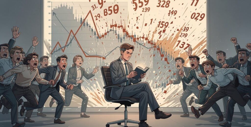 Calm system-driven investor staying still while others panic during a market crash