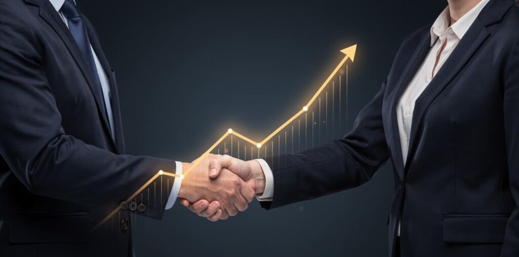  Handshake connected to a growth chart — the financial return of respect in business relationships.