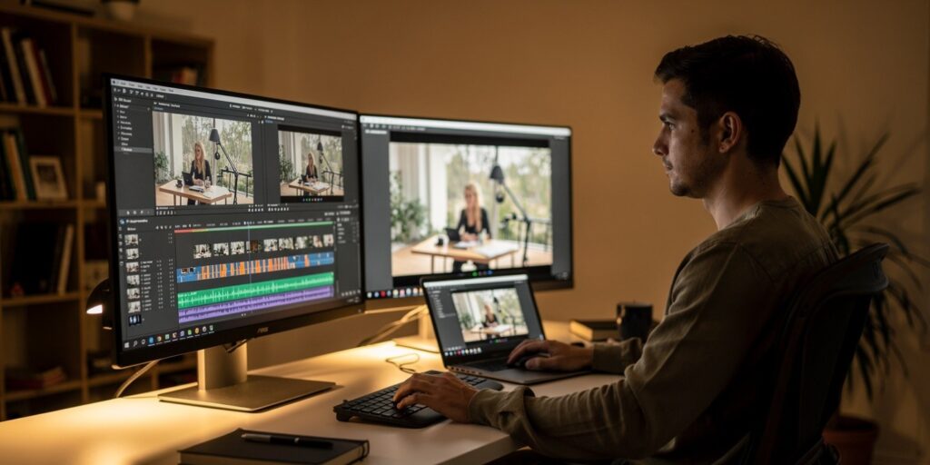 Freelance video editor working at a desk — how to become a freelance video editor in 2026.