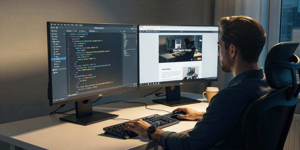 Freelance web developer working on dual monitor home office setup with code editor and browser preview open