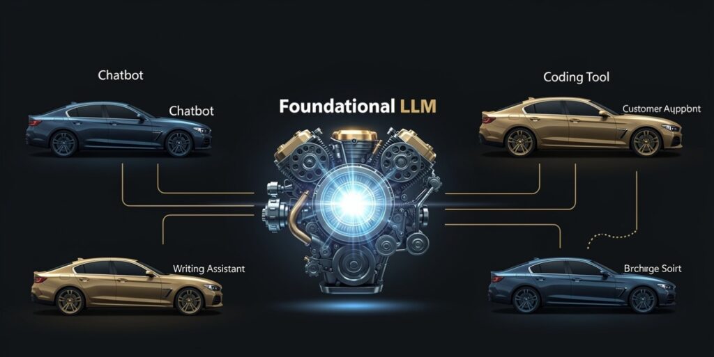  Infographic showing a foundational LLM as an engine powering many different AI tools built around it like cars