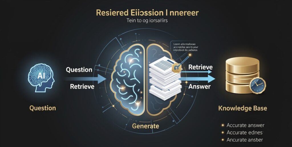  Diagram showing how RAG works — user question, AI retrieves documents from knowledge base, then generates an accurate answer