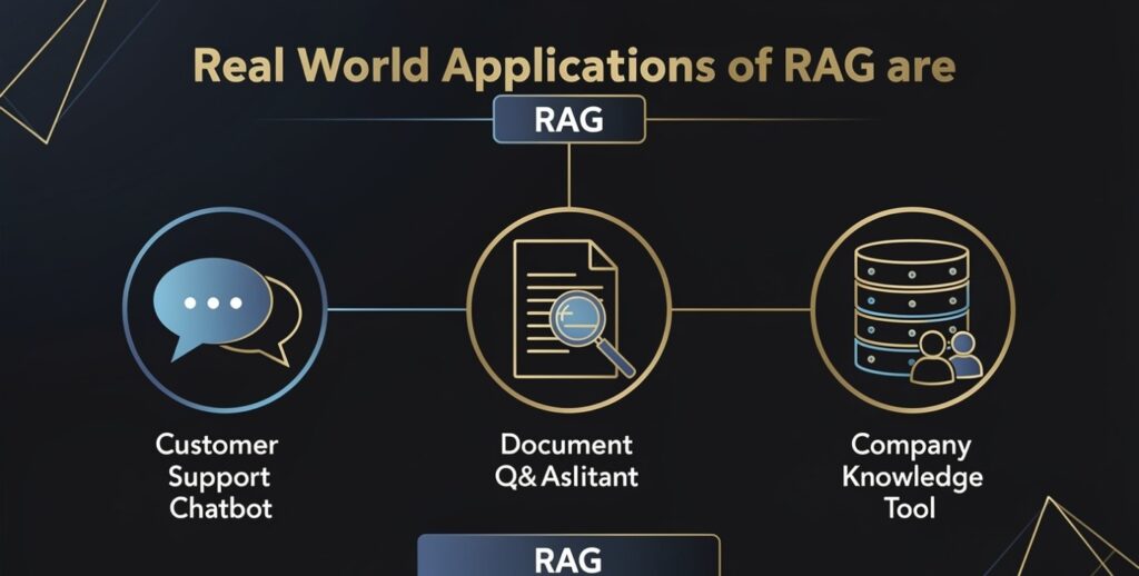  Infographic showing three real-world RAG applications — customer support chatbot, document Q&A assistant, and company knowledge tool