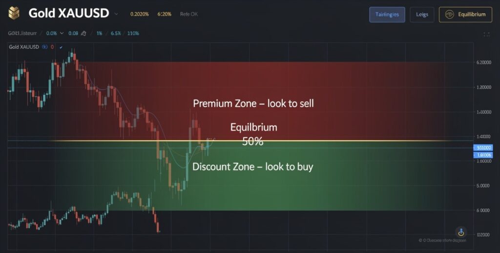 Gold XAUUSD chart showing premium zone for selling and discount zone for buying divided by the 50% equilibrium midpoint line