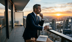 Successful businessman daily mindset habits — strategic thinking at sunrise