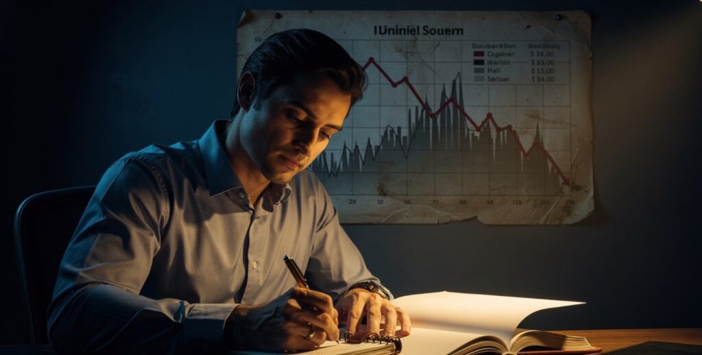 Entrepreneur writing post-mortem journal after business failure, planning recovery and rebuild strategy