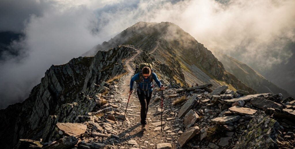 Hiker climbing a difficult mountain trail — perseverance and mental toughness in action.