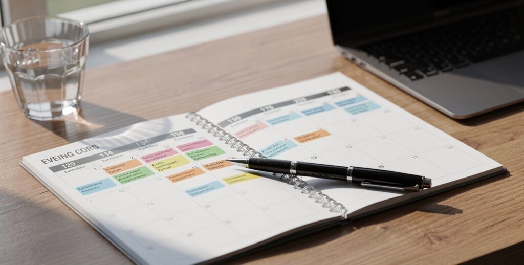 Weekly planner showing protected time blocks for building income streams alongside a full-time job.