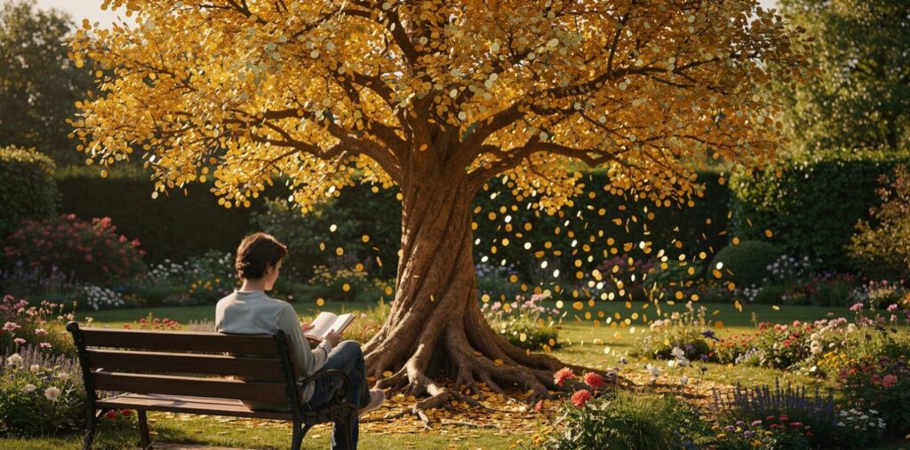 Patient investor letting compounding grow like a golden tree through inaction