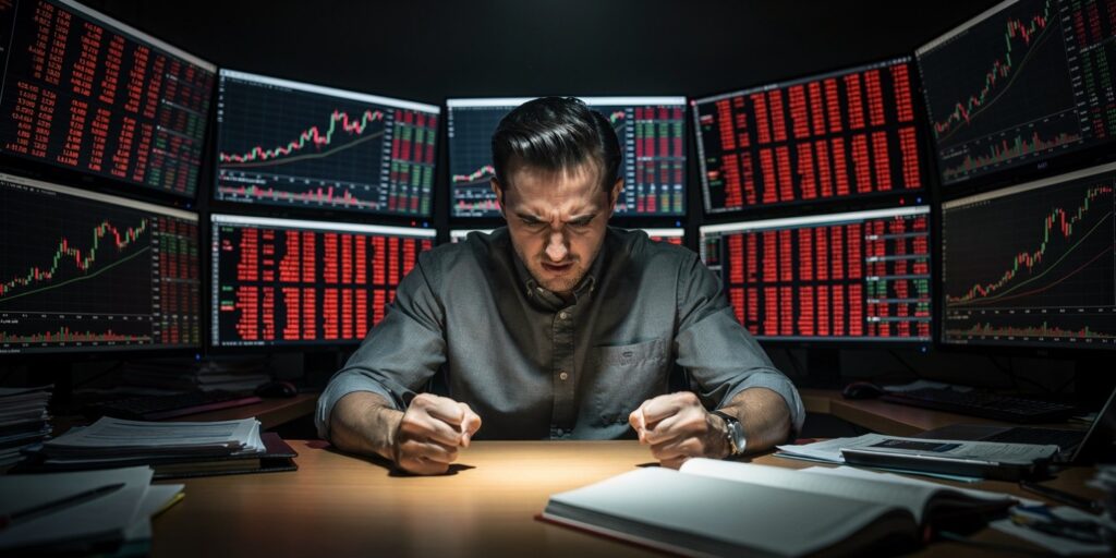 "Frustrated trader in revenge trading mode ignoring trading journal