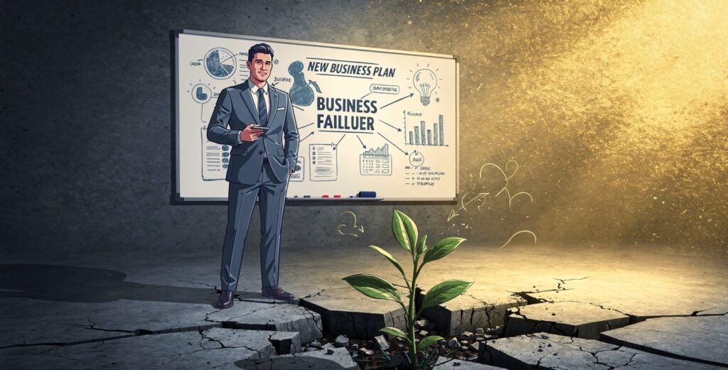  Entrepreneur confidently planning new business after failure with plant growing through concrete symbolizing resilient recovery