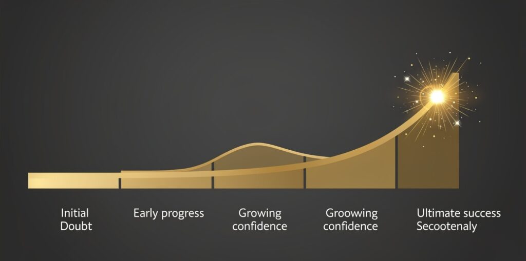 30-year compounding timeline showing five emotional phases from doubt to wealth