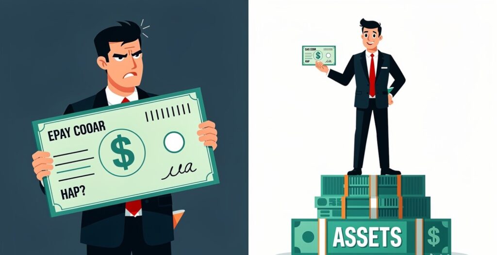 Difference between earning and building wealth illustrated with high income vs assets