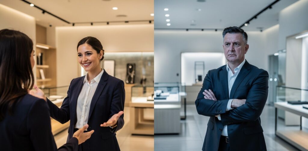  Contrast between warm hospitality and cold dismissiveness in customer service.