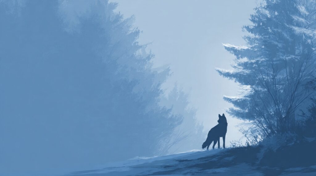 A calm, focused wolf at dawn ready to hunt, symbolizing radical ownership in the wolf mindset.