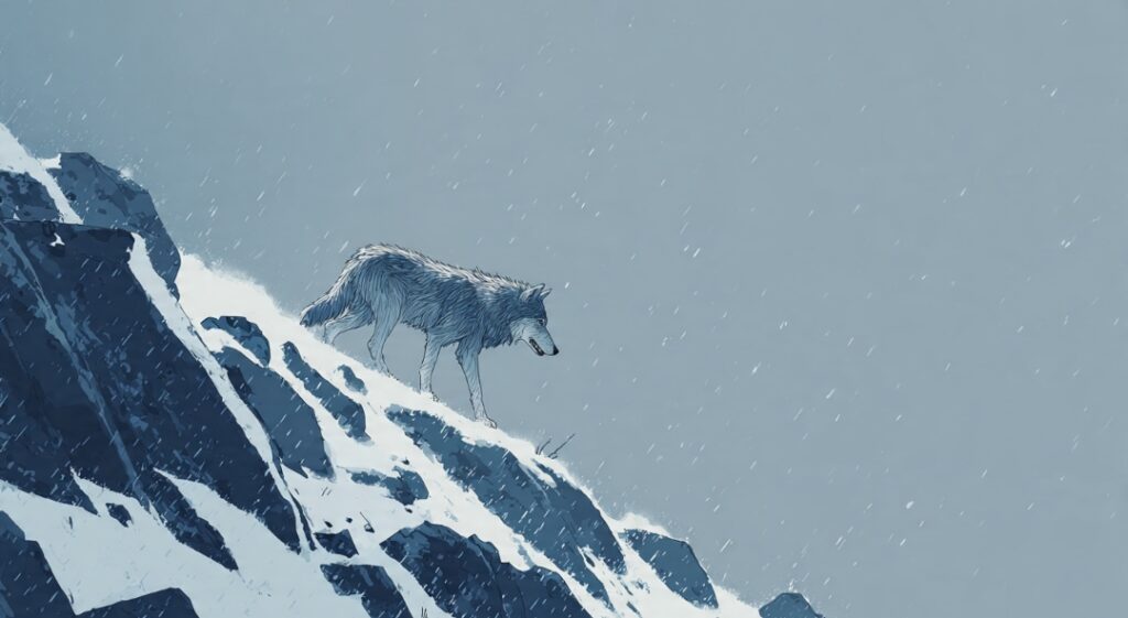 A wolf steadily climbing a steep slope in a snowstorm, symbolizing mental strength built through quiet daily discipline.