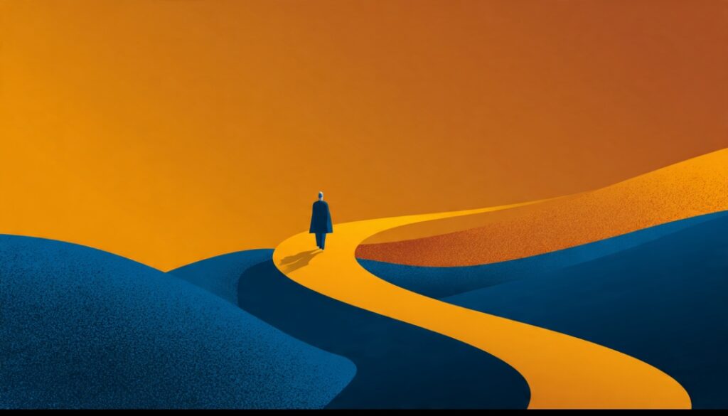  A person at the bottom of a dip in a long upward-trending path, showing a business loss as one valley in a longer journey.