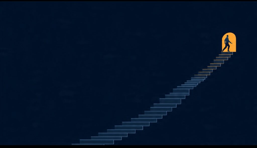 A person climbing out of a business loss step by step, showing recovery built through small deliberate wins.