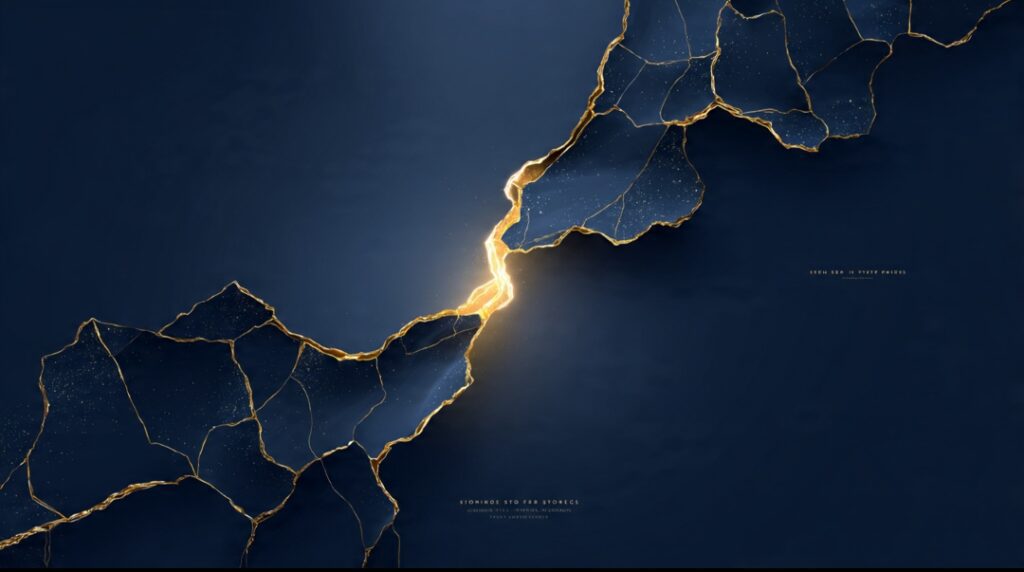 A broken object repaired with gold at the cracks, symbolizing coming back from a business loss stronger than before.