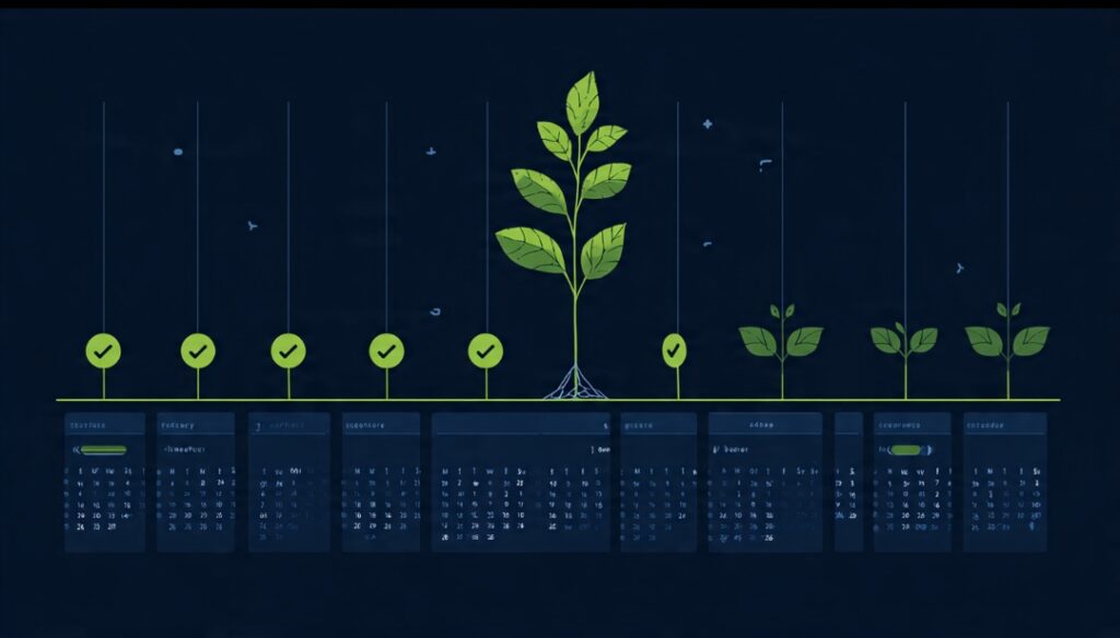 A seedling growing into a tree across months of on-time payments, symbolizing building credit steadily over time.