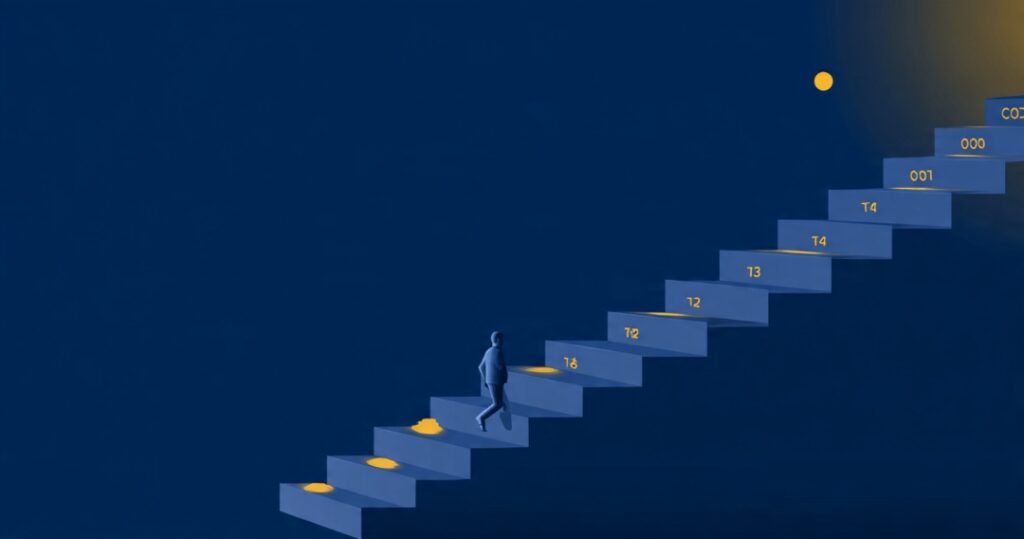 A person climbing a staircase of growing credit limits, showing trust and credit built in small proven steps.