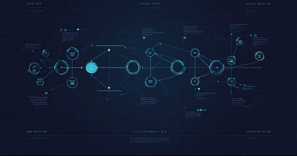 A graph of nodes with looping, branching arrows illustrating LangGraph's cyclical, stateful workflow.