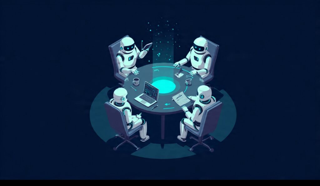 Multiple AI agents with different roles collaborating around a shared goal, illustrating a multi-agent system.