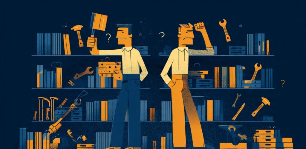 One person building with a chosen framework versus another paralyzed choosing, showing building beats deliberating.