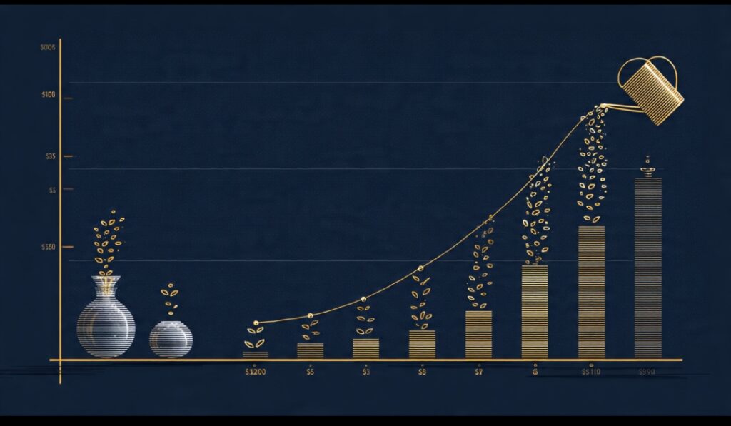 : A formula visual showing the income-spending gap growing into wealth over time through compounding.