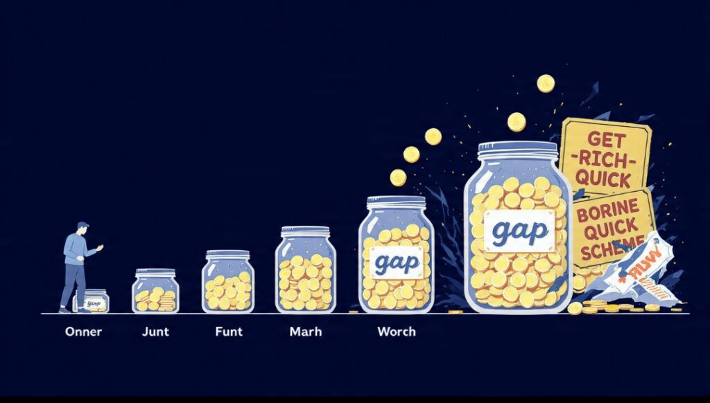 An ordinary person steadily building wealth through consistent saving while get-rich-quick schemes fail behind them.
