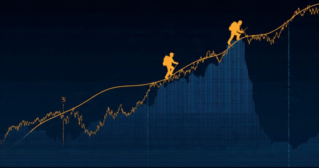 A market crash and recovery curve showing a panic seller missing the rebound versus a calm holder reaching new highs.