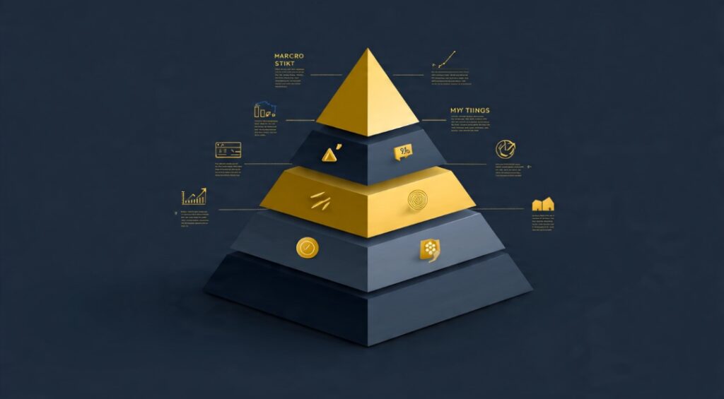 Layered framework showing macro backdrop, market structure, and entry timing for gold trading