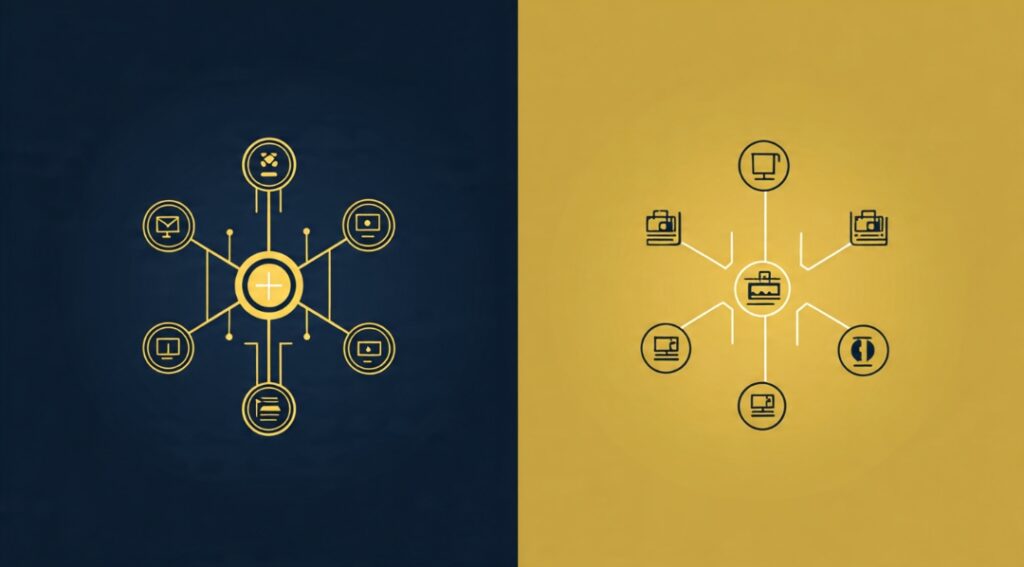 Comparison of connected income streams reinforcing each other versus disconnected separate income sources