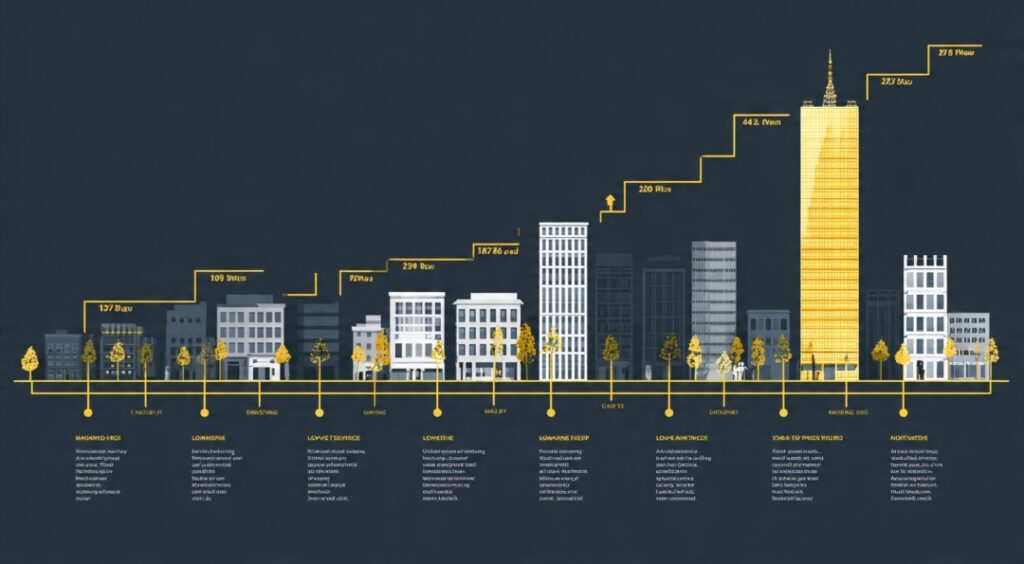 Timeline showing income stream effort decreasing from active building to low-maintenance passive phase