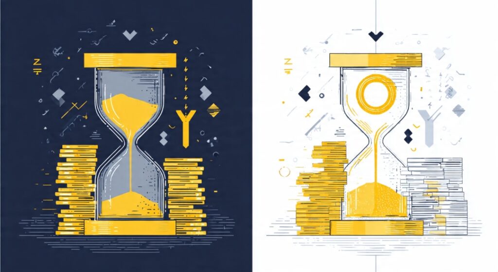 Illustration contrasting the irreversibility of time with the renewability of money