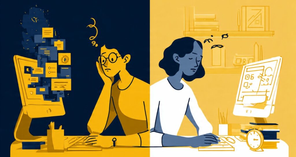 Illustration showing the shift from procrastination anxiety to calm work after starting with just five minutes