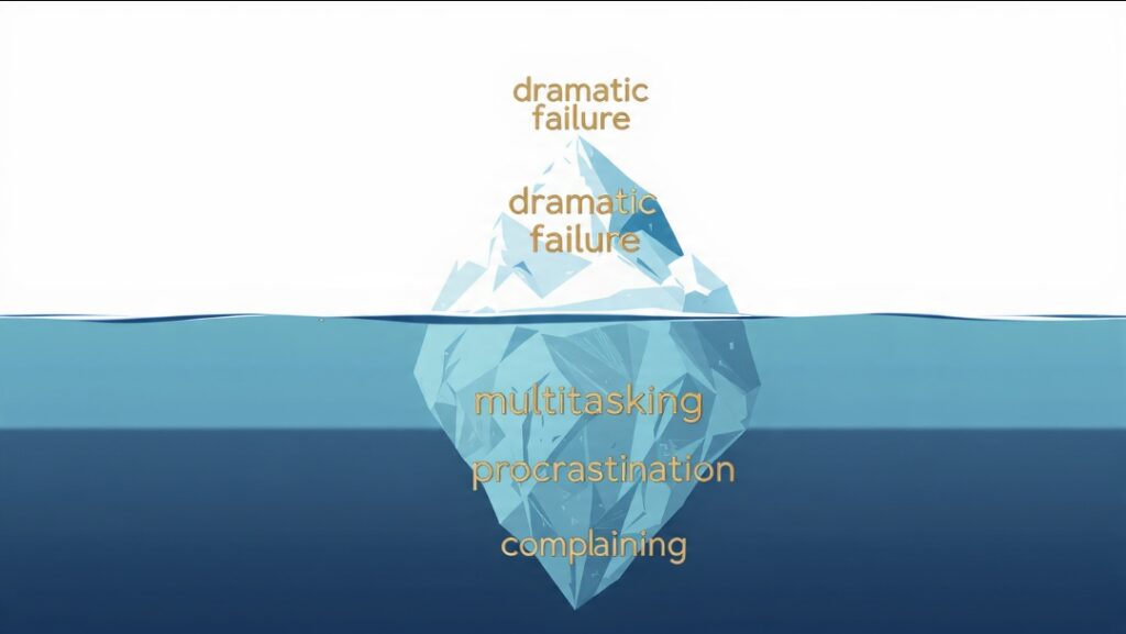 Iceberg illustration showing small habits as the hidden cause behind larger visible failures