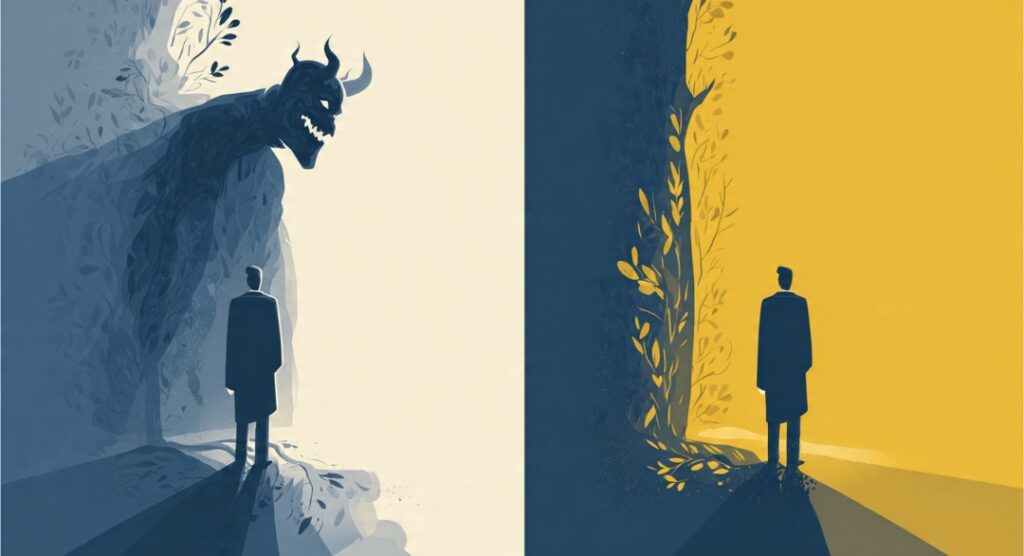 Illustration contrasting the imagined size of failure with its actual, more manageable outcome