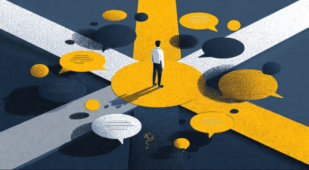 Illustration of a person surrounded by discouraging voices while separating genuine risk from borrowed fear