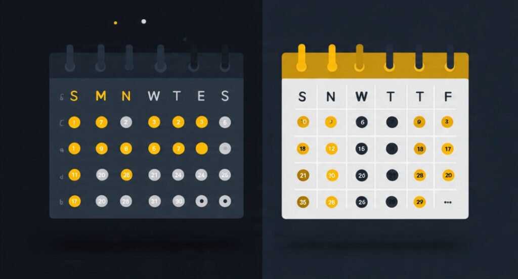 Calendar comparison showing motivation-driven scattered activity versus discipline-driven consistent activity