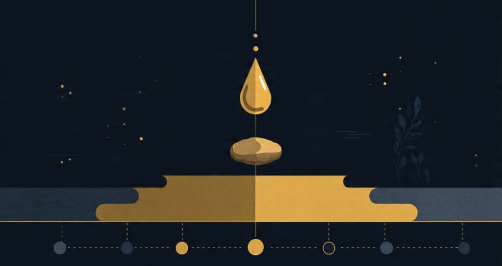 : Illustration of a water drop wearing a groove into stone over time, symbolizing disciplined consistency
