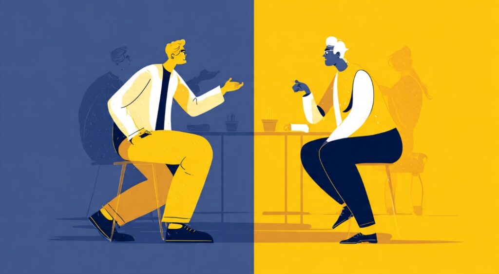 Comparison of an escalating heated business argument versus a paused, calm return to the conversation