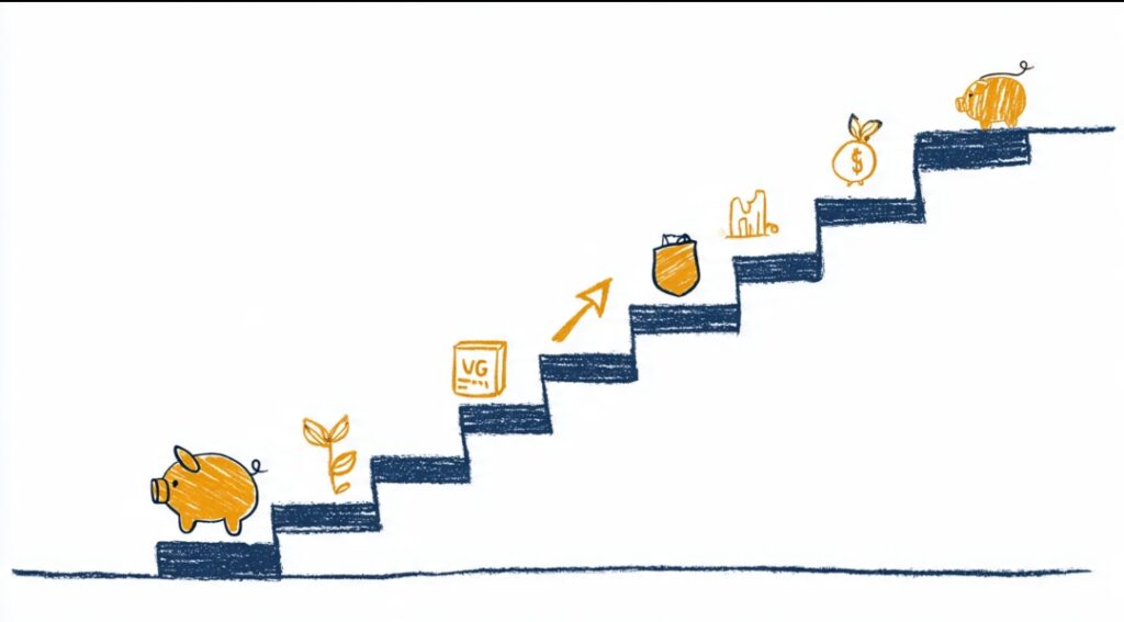 A simple hand-drawn staircase diagram on paper going upward, each step labeled with a small icon (piggy bank, shield, growth arrow), minimalist flat design, navy and amber gold color scheme, no readable text needed in image"